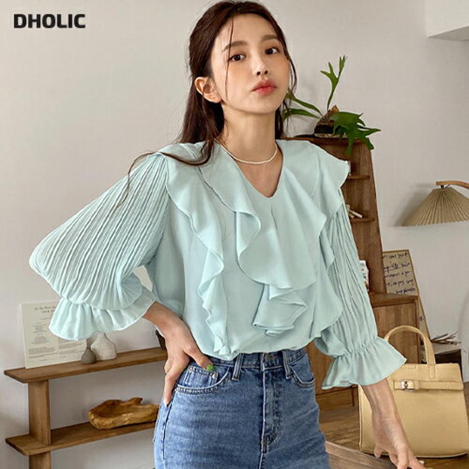 プリーツスリーブフリルシフォンブラウス・全3色・b66529 レディース 【bl】トップス ブラウス 七分袖 七分丈 7分丈 フリル プリーツ フェミニン きれいめ かわいい 可愛い オフィスカジュル パステル Vネック ラッフル 春 秋 韓国ファッション