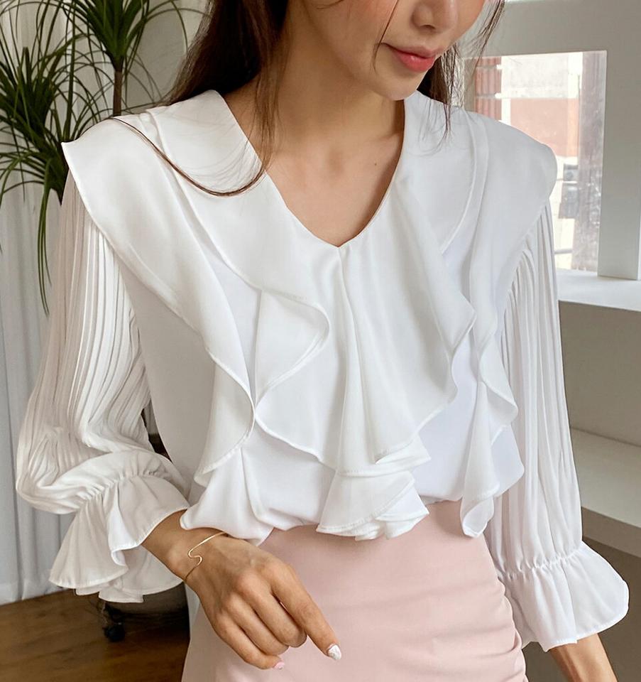 プリーツスリーブフリルシフォンブラウス・全3色・b66529 レディース 【bl】トップス ブラウス 七分袖 七分丈 7分丈 フリル プリーツ フェミニン きれいめ かわいい 可愛い オフィスカジュル パステル Vネック ラッフル 春 秋 韓国ファッション