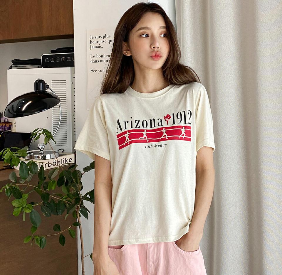 Arizona1912プリント半袖Tシャツ・全3色・t66520 レディース 【tops】トップス Tシャツ 半袖 ハーフスリーブ プリント ユニーク カジュアル ラフ ロゴ ラウンドネック スポーティー 春 夏 韓国ファッション