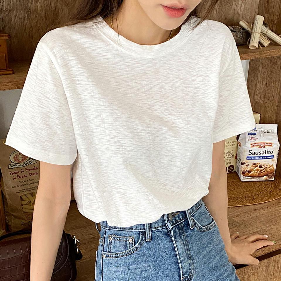 ラウンドネック半袖Tシャツ・全5色・b66521 レディース 【tops】トップス Tシャツ 半袖 ハーフスリーブ 単色 シンプル メランジ ラウンドネック ベーシック カジュアル ラフ 春 夏 韓国ファッション