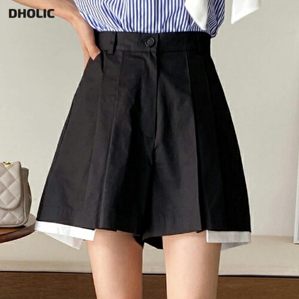 配色へムツータックショートパンツ・全2色・b66543 レディース 【pt】パンツ ズボン ショートパンツ 短パン タック ワイド 台形 体型カバー ハイウエスト 大人 カジュアル ユニーク ベルトループ レイヤード風 春 夏 韓国ファッション