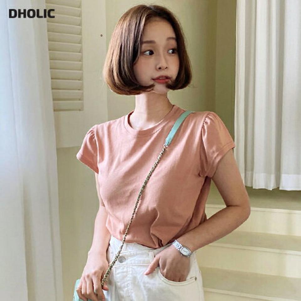 ギャザーキャップTシャツ・全5色・e66938 レディース 【tops】韓国ファッション トップス Tシャツ 大人 半袖 ラウンドネック ギャザー キャップスリーブ 無地 シンプル フェミニン カジュアル 夏 春 秋