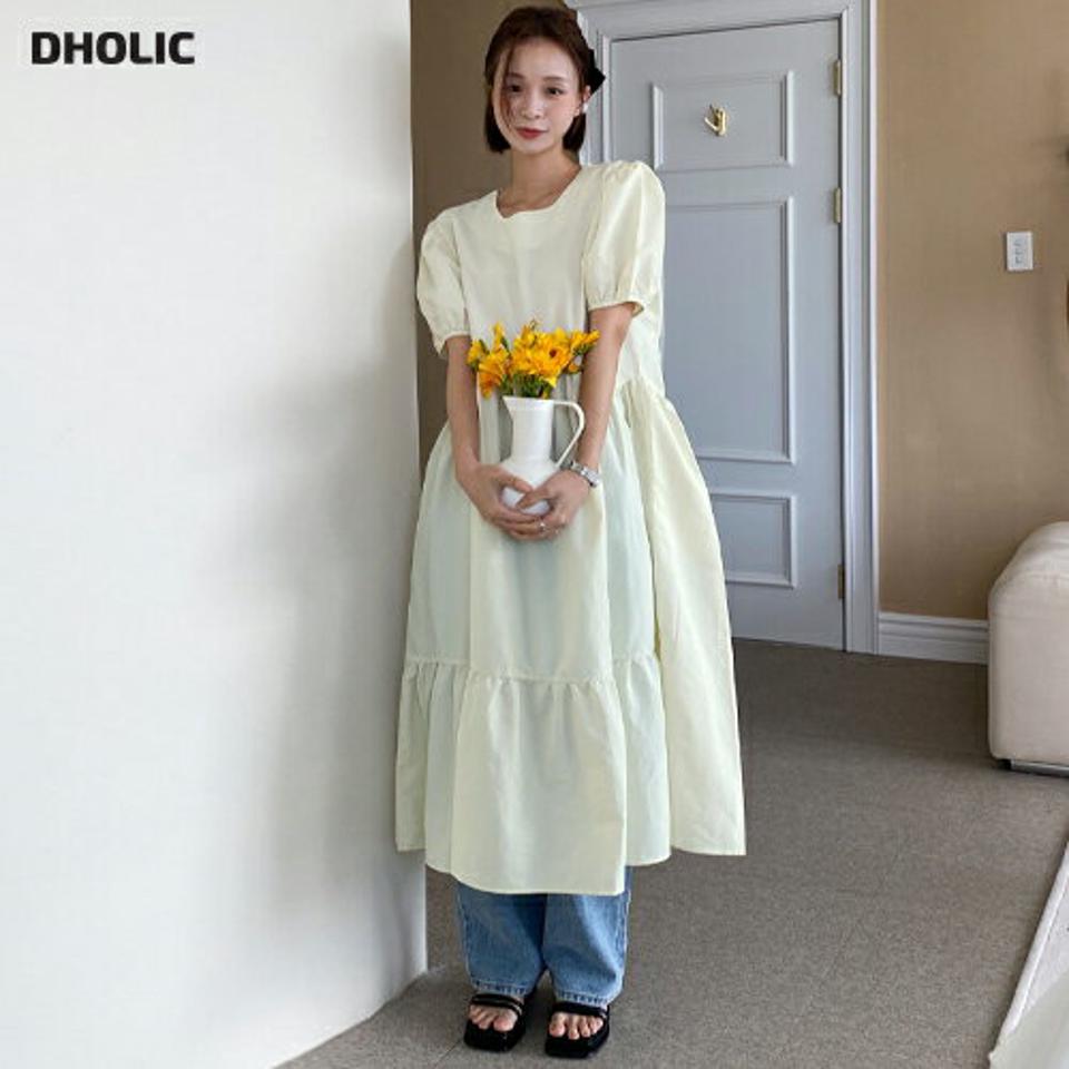パフティアードワンピース・全3色・b66956 レディース 【ops】韓国ファッション ワンピース ロング ロングワンピース 半袖 ラウンドネック パフスリーブ スリット ティアード ロング丈 無地 体型カバー シンプル フェミニン 夏 春 秋