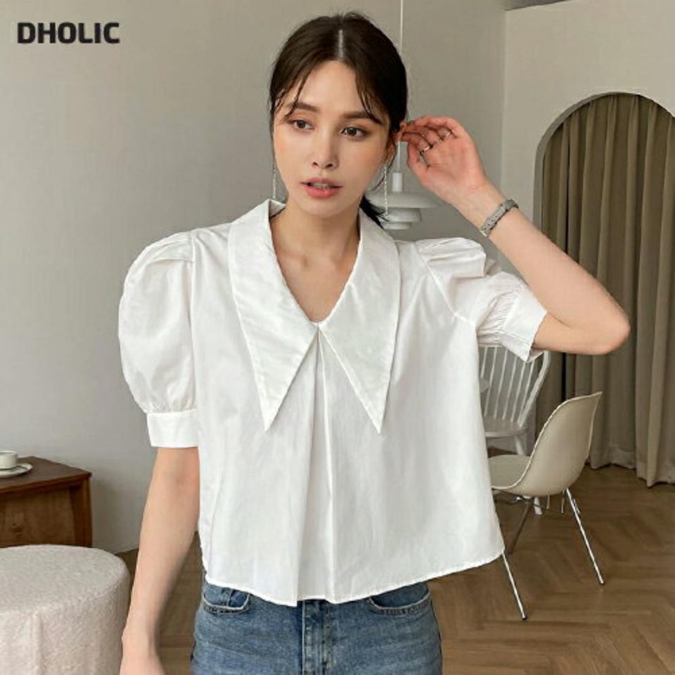 バリモアカラーパフブラウス・全3色・t00375 レディース 【bl】トップス ブラウス 半袖 Vネック バリモアカラー パフ クロップド丈 無地 シンプル カジュアル フェミニン 夏 春 秋 韓国ファッション ハイホリHIHOLLI