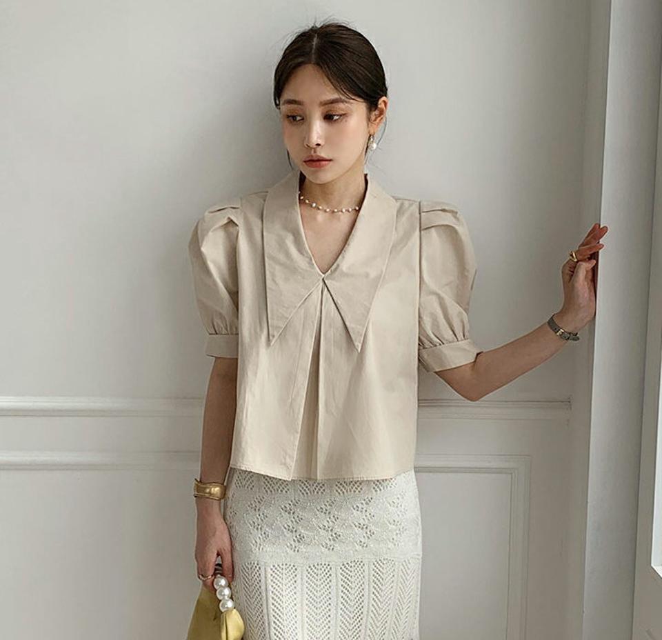 バリモアカラーパフブラウス・全3色・t00375 レディース 【bl】トップス ブラウス 半袖 Vネック バリモアカラー パフ クロップド丈 無地 シンプル カジュアル フェミニン 夏 春 秋 韓国ファッション ハイホリHIHOLLI