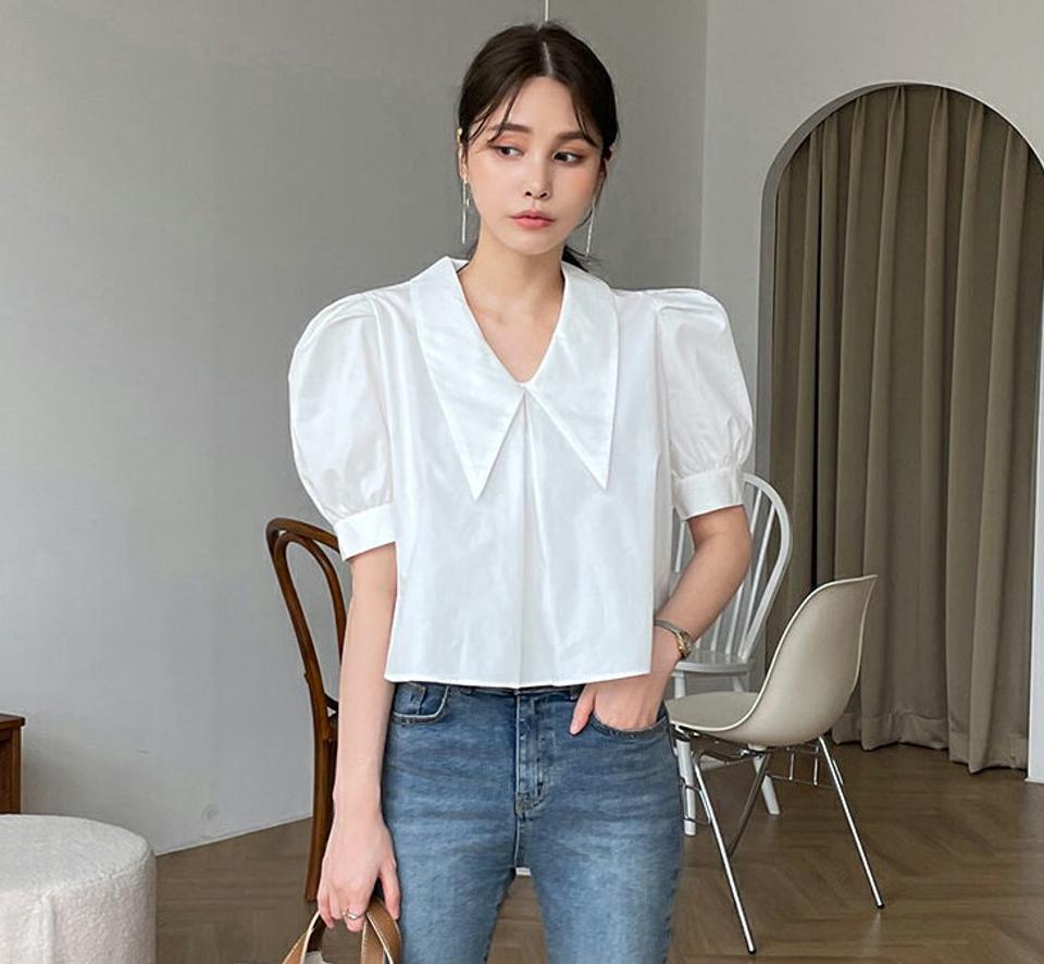 バリモアカラーパフブラウス・全3色・t00375 レディース 【bl】トップス ブラウス 半袖 Vネック バリモアカラー パフ クロップド丈 無地 シンプル カジュアル フェミニン 夏 春 秋 韓国ファッション ハイホリHIHOLLI