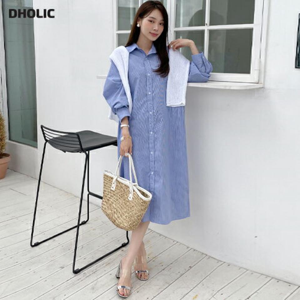 2TYPEストラップ付シャツワンピース・全7色・t00380 レディース 【ops】ワンピース ロング ロングワンピース 長袖 ストラップ付 シロング丈 無地 ストライプ シンプル フェミニン 春 秋 韓国ファッション ハイホリHIHOLLI