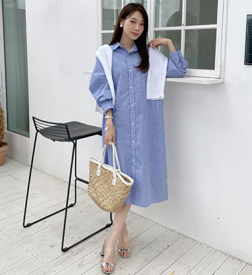 2TYPEストラップ付シャツワンピース・全7色・t00380 レディース 【ops】ワンピース ロング ロングワンピース 長袖 ストラップ付 シロング丈 無地 ストライプ シンプル フェミニン 春 秋 韓国ファッション ハイホリHIHOLLI
