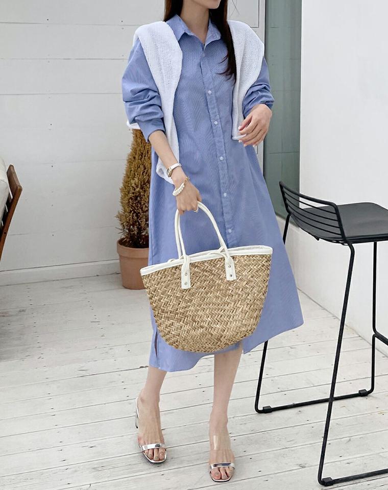 2TYPEストラップ付シャツワンピース・全7色・t00380 レディース 【ops】ワンピース ロング ロングワンピース 長袖 ストラップ付 シロング丈 無地 ストライプ シンプル フェミニン 春 秋 韓国ファッション ハイホリHIHOLLI