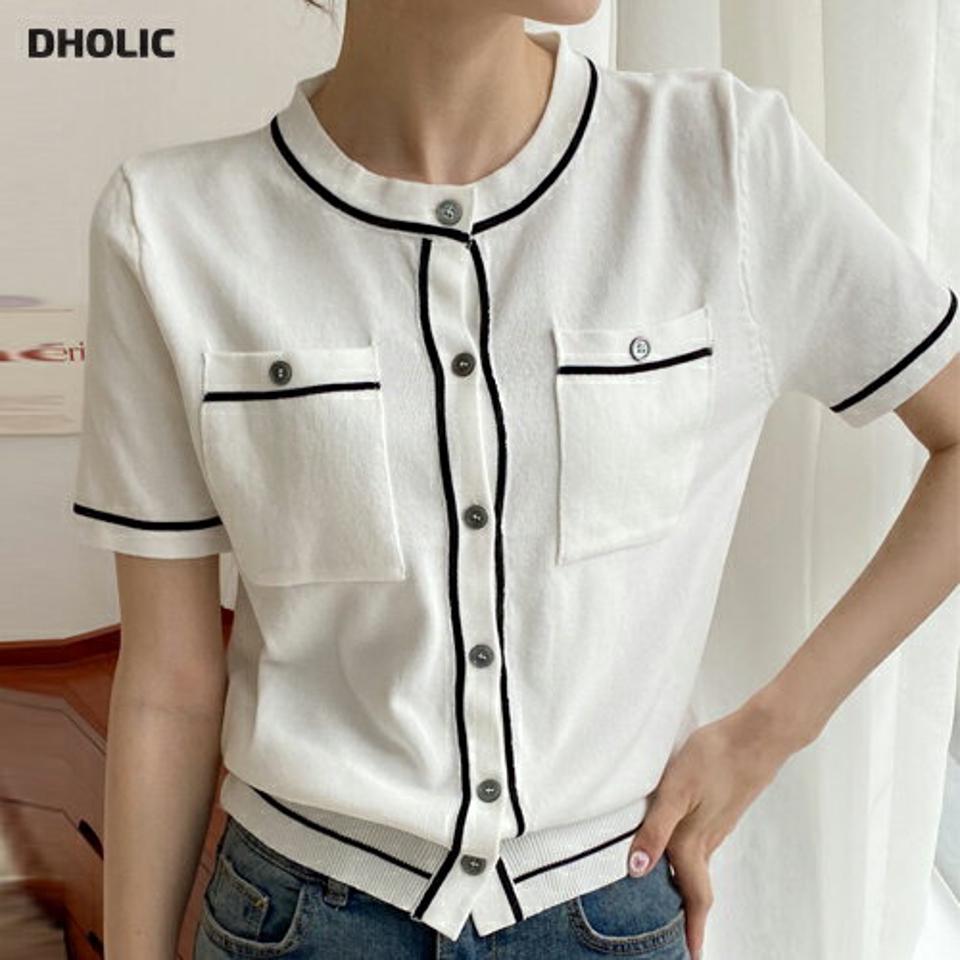 配色ラインボタンニット・全4色・b00370 レディース 【tops】トップス ニット 大人 半袖 ラウンドネック 配色ライン ボタン ポケット クロップド丈 シンプル フェミニン カジュアル 夏 春 秋 サマーニット 韓国ファッション ハイホリHIHOLLI