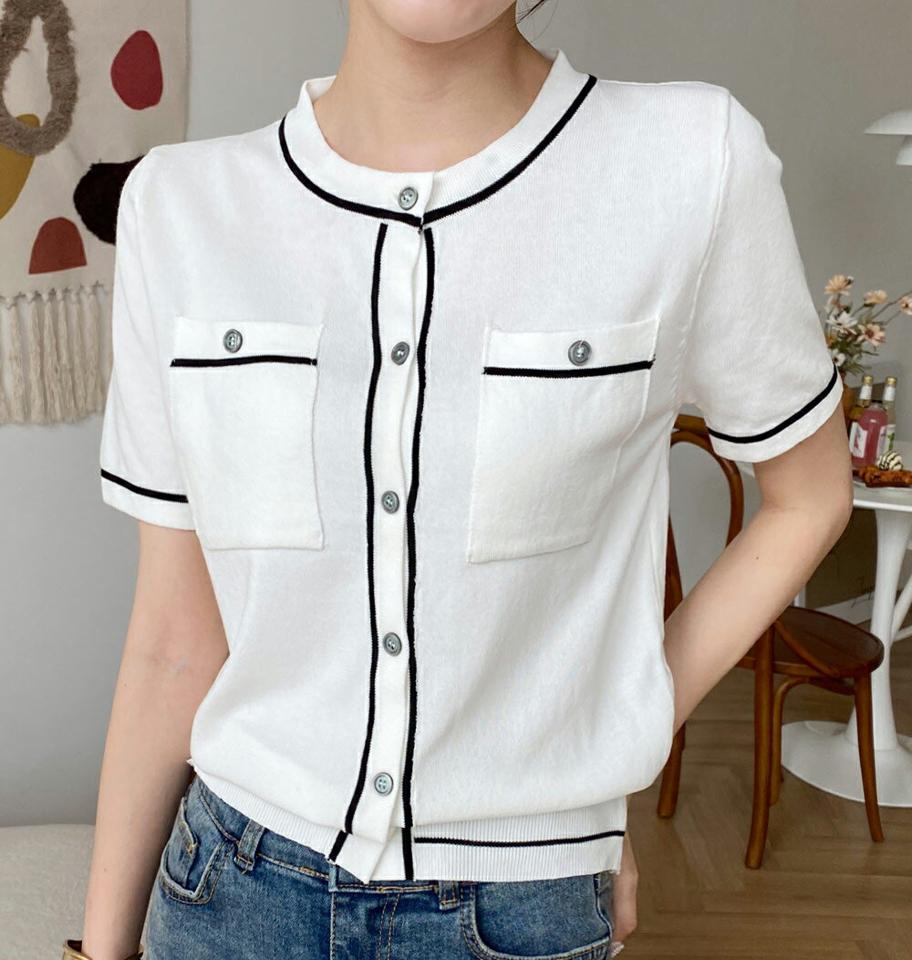 配色ラインボタンニット・全4色・b00370 レディース 【tops】トップス ニット 大人 半袖 ラウンドネック 配色ライン ボタン ポケット クロップド丈 シンプル フェミニン カジュアル 夏 春 秋 サマーニット 韓国ファッション ハイホリHIHOLLI