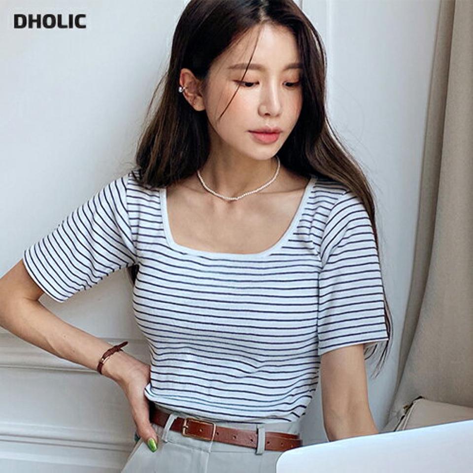 ボーダースクエアネック半袖Tシャツ・全3色・t00626 レディース 【tops】韓国ファッション トップス Tシャツ 大人 半袖 スクエアネック ボーダー リブ スリム タイト ハーフスリーブ シンプル フェミニン カジュアル 夏 春 秋