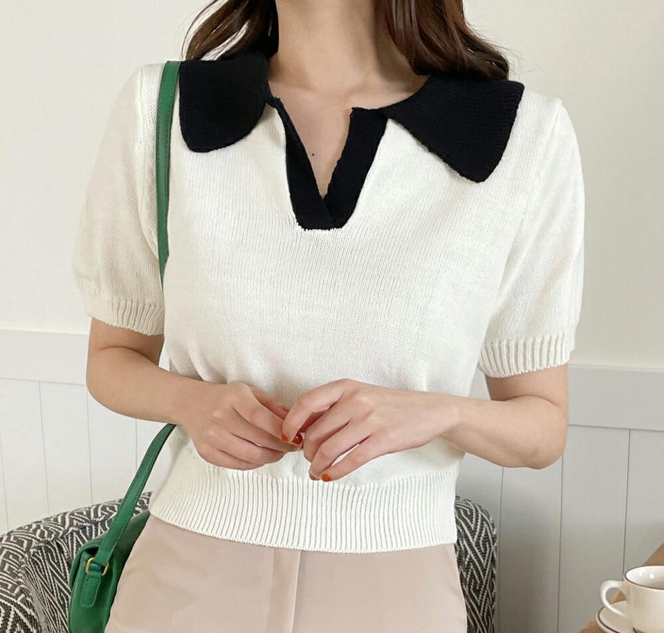 コントラストオープンカラーニット・全4色・t00632 レディース 【tops】韓国ファッション トップス ニット 大人 半袖 カラーネック オープンカラ コントラスト クロップド丈 シンプル y2k 黄緑 フェミニン カジュアル デイリー 夏 春 秋