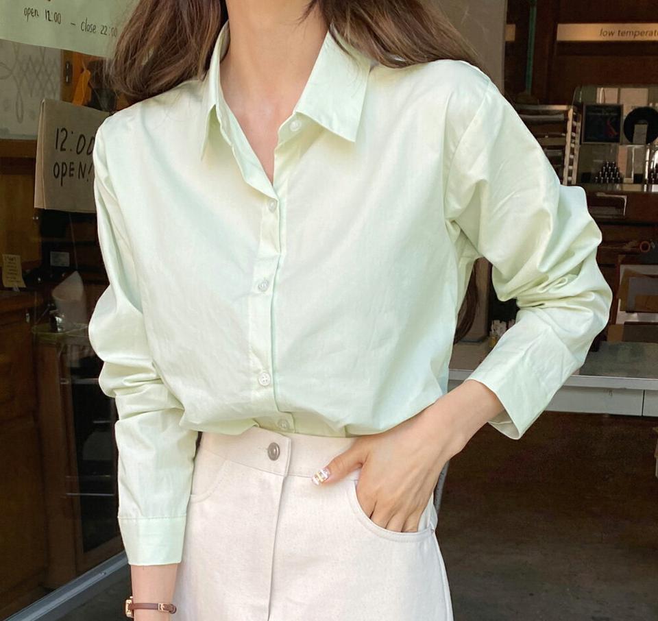 8COLORSカラーネックシャツ・全8色・t00629 レディース 【bl】韓国ファッション トップス シャツ 長袖 カラーネック カフスボタン パステルカラー 無地 ベーシック シンプル カジュアル フェミニン 春 秋