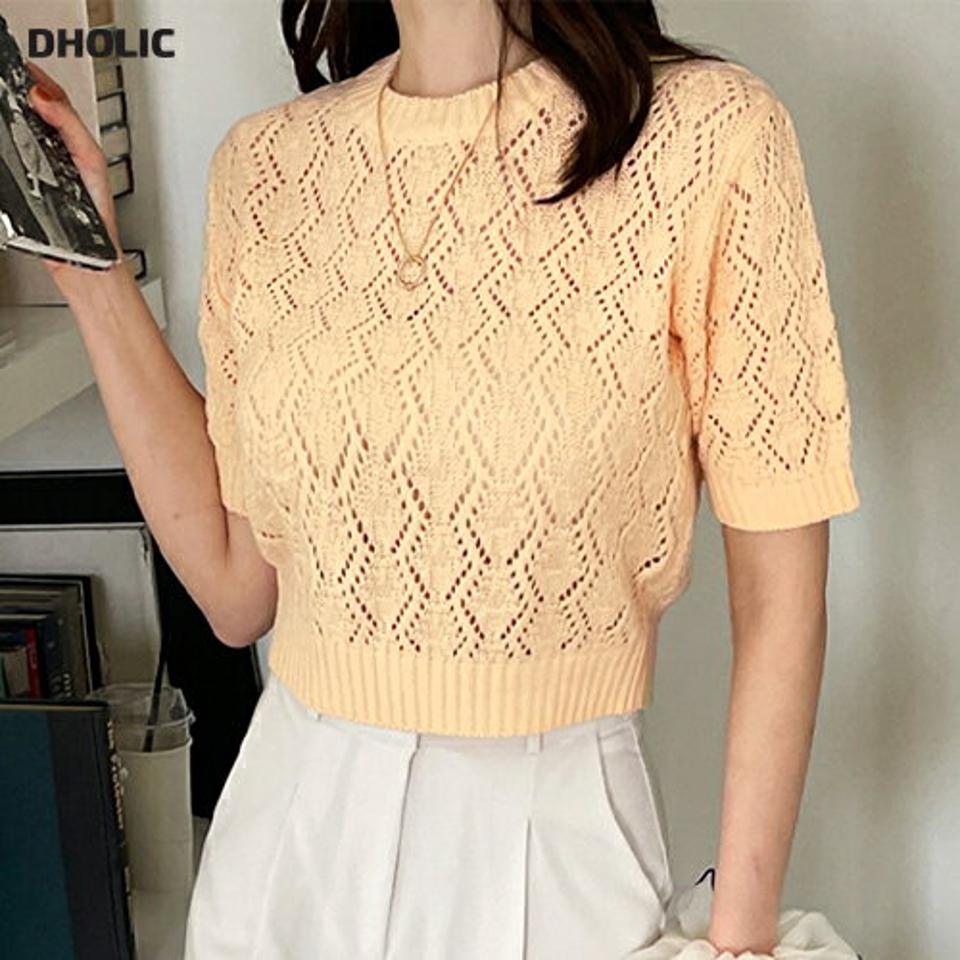 クロップドパンチングラウンドニット・全4色・t00660 レディース 【tops】韓国ファッション トップス ニット 大人 半袖 ラウンドネック クロップド丈 パンチング ジグザグ 柄ニット シンプル フェミニン カジュアル 夏 春 秋