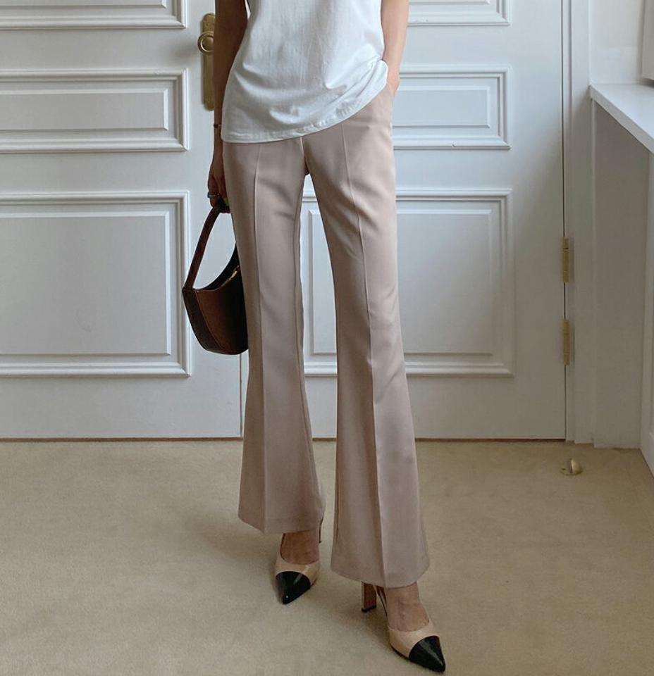 センタープレスフレアスラックス・全4色・t00651 レディース 【pt】韓国ファッション ボトムス ロング ロングパンツ スラックスパンツ スラックス センタープレス フレア スリム 無地 シンプル フェミニン カジュアル 春 秋