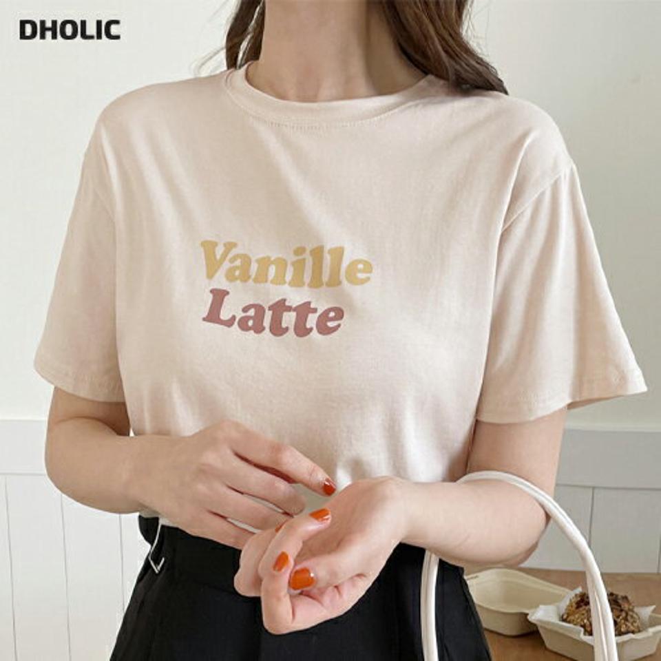 Vanille LatteラウンドTシャツ・全3色・t00625 レディース 【tops】韓国ファッション トップス Tシャツ 大人 半袖 ラウンドネック レタリング 英字 ロゴ シンプル 配色 フェミニン カジュアル デイリー 夏 春 秋