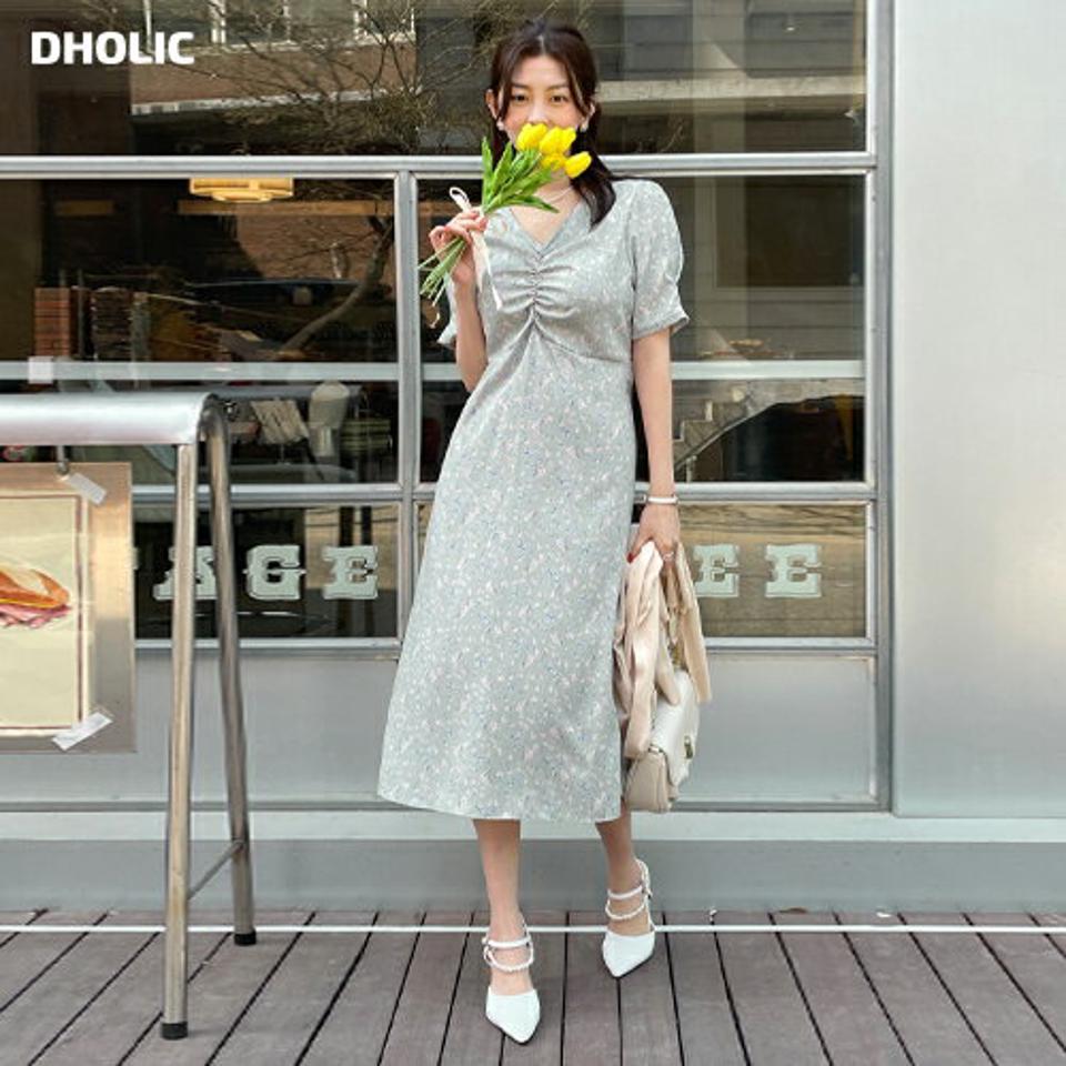 フローラルギャザーワンピース・全4色・t00637 レディース 【ops】韓国ファッション ワンピース ロング ロングワンピース 半袖 Vネック 花柄 フラワー フローラル ギャザー リボン ロング丈 シンプル フェミニン 夏 春 秋