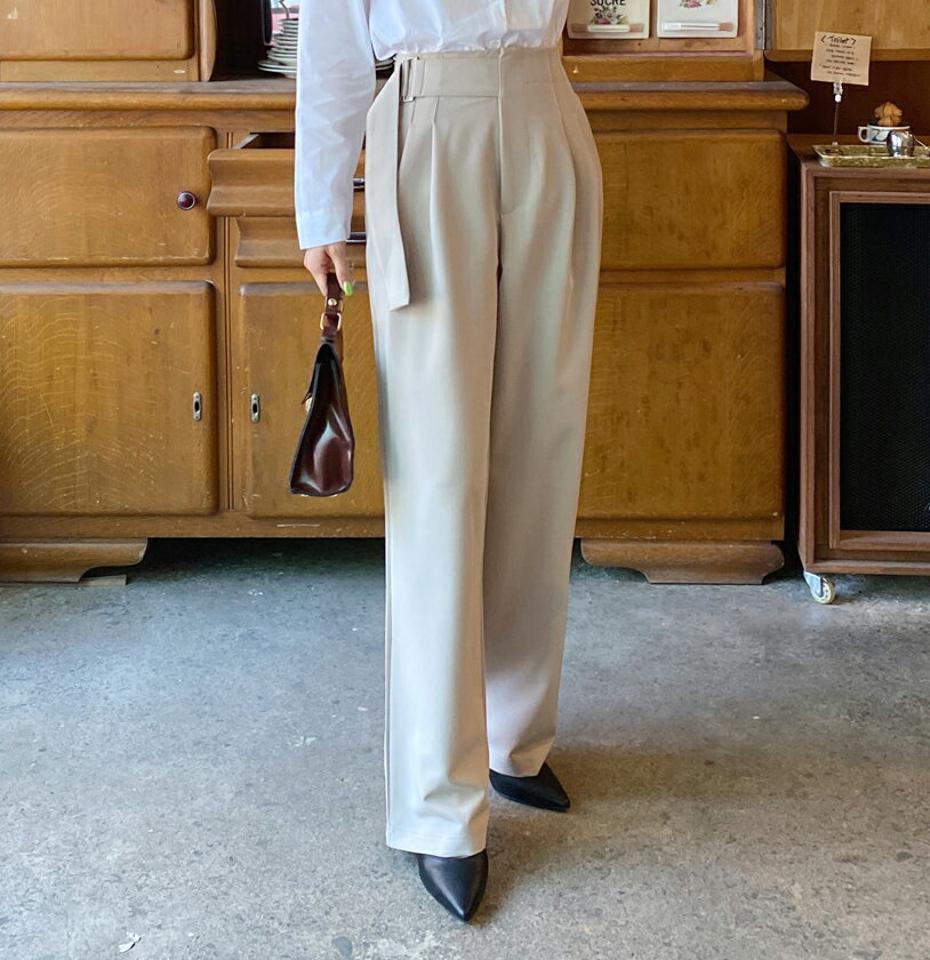 サイドベルトスラックス・全2色・t00645 レディース 【pt】韓国ファッション ボトムス ロング ロングパンツ スラックスパンツ スラックス ワイド ストレート ツータック ベルト ハイウエスト 無地 シンプル フェミニン カジュアル 春 秋