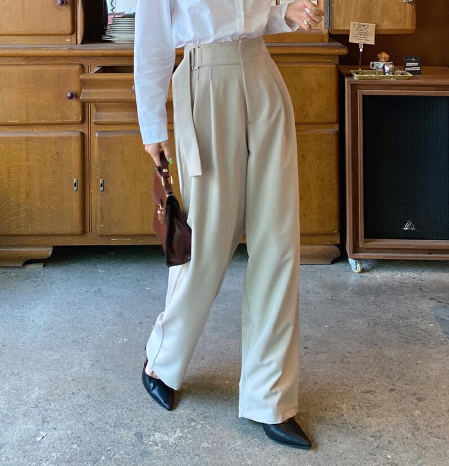 サイドベルトスラックス・全2色・t00645 レディース 【pt】韓国ファッション ボトムス ロング ロングパンツ スラックスパンツ スラックス ワイド ストレート ツータック ベルト ハイウエスト 無地 シンプル フェミニン カジュアル 春 秋