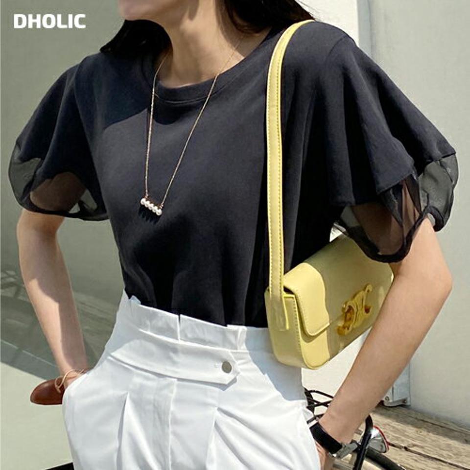 メッシュパフスリーブTシャツ・全6色・t71912 レディース 【tops】トップス Tシャツ 半袖 ハーフスリーブ 透け感 シアー シースルー 袖コン 単色 無地 シンプル フェミニン きれいめ パフ袖 パフスリーブ 二の腕カバー 春 夏 韓国ファッション ハイホリHIHOLLI