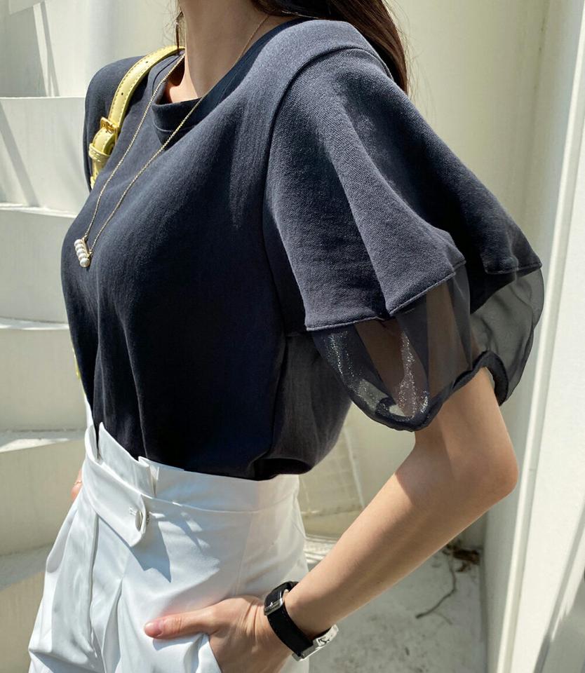 メッシュパフスリーブTシャツ・全6色・t71912 レディース 【tops】トップス Tシャツ 半袖 ハーフスリーブ 透け感 シアー シースルー 袖コン 単色 無地 シンプル フェミニン きれいめ パフ袖 パフスリーブ 二の腕カバー 春 夏 韓国ファッション ハイホリHIHOLLI