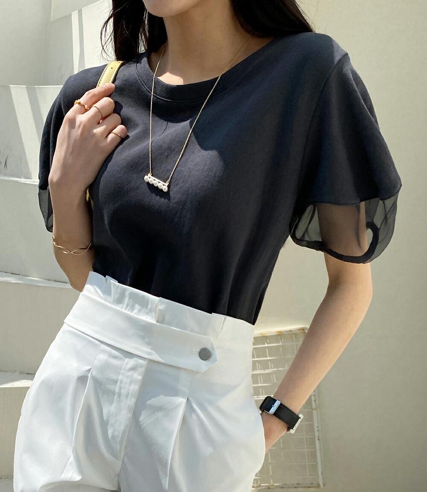 メッシュパフスリーブTシャツ・全6色・t71912 レディース 【tops】トップス Tシャツ 半袖 ハーフスリーブ 透け感 シアー シースルー 袖コン 単色 無地 シンプル フェミニン きれいめ パフ袖 パフスリーブ 二の腕カバー 春 夏 韓国ファッション ハイホリHIHOLLI
