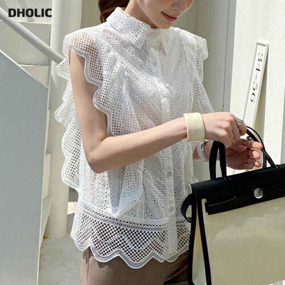 レースパンチングブラウス・全2色・b71916 レディース 【bl】トップス ブラウス スリーブレス ノースリーブ 総レース 襟 フェミニン きれいめ 大人 かわいい スリーブレス ノースリーブ 春 夏 人気 韓国ファッション ハイホリHIHOLLI