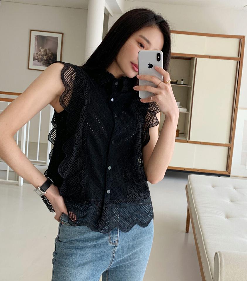 レースパンチングブラウス・全2色・b71916 レディース 【bl】トップス ブラウス スリーブレス ノースリーブ 総レース 襟 フェミニン きれいめ 大人 かわいい スリーブレス ノースリーブ 春 夏 人気 韓国ファッション ハイホリHIHOLLI