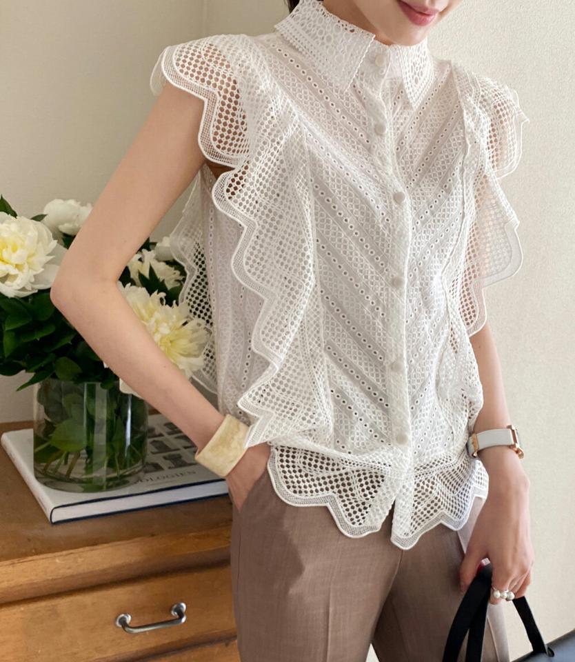 レースパンチングブラウス・全2色・b71916 レディース 【bl】トップス ブラウス スリーブレス ノースリーブ 総レース 襟 フェミニン きれいめ 大人 かわいい スリーブレス ノースリーブ 春 夏 人気 韓国ファッション ハイホリHIHOLLI