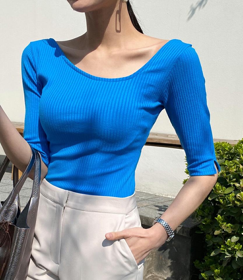 アシメVネックリブTシャツ・全4色・t71913 レディース 【tops】トップス Tシャツ 半袖 ハーフスリーブ デコルテ 鎖骨 アシンメトリー アンバランス 単色 無地 ユニーク カジュアル スリット 春 夏 韓国ファッション ハイホリHIHOLLI