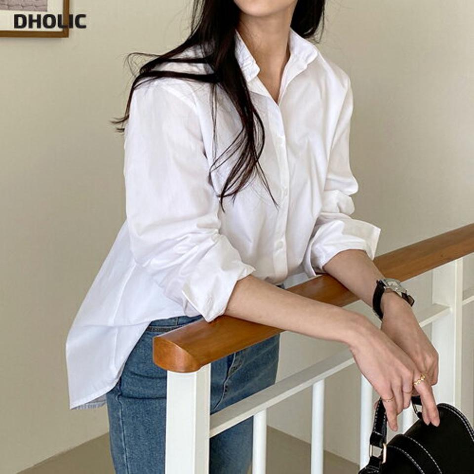 トリコロールラインバックスリットシャツ・全3色・b71921 レディース 【bl】トップス シャツ 長袖 トリコロールカラー 単色 無地 シンプル 大人 きれいめ 爽やか オフィスカジュアル 春 秋 韓国ファッション ハイホリHIHOLLI