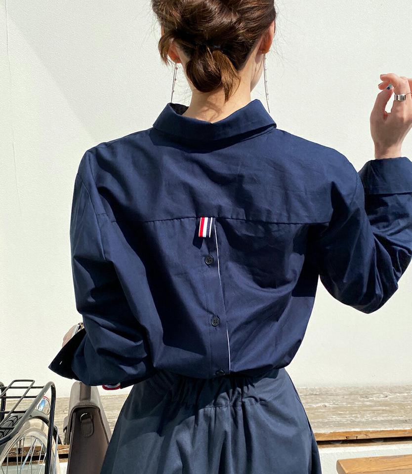 トリコロールラインバックスリットシャツ・全3色・b71921 レディース 【bl】トップス シャツ 長袖 トリコロールカラー 単色 無地 シンプル 大人 きれいめ 爽やか オフィスカジュアル 春 秋 韓国ファッション ハイホリHIHOLLI