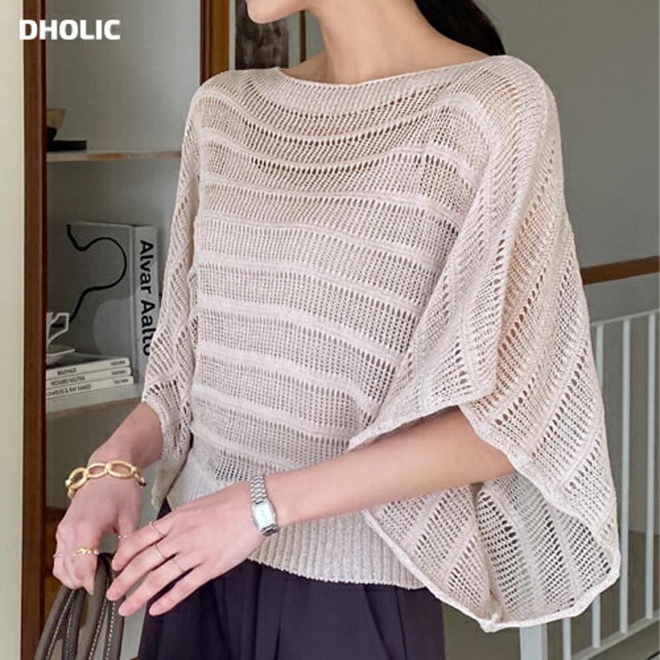 ボートネックメッシュニット・全4色・t71914 レディース 【tops】トップス ニット 半袖 ハーフスリーブ 透け感 シアー シースルー ボーダー柄 ボートネック ゆったり ラフ カジュアル メッシュ 大人 二の腕カバー 体型カバー 春 夏 韓国ファッション ハイホリHIHOLLI