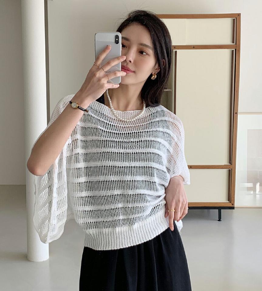 ボートネックメッシュニット・全4色・t71914 レディース 【tops】トップス ニット 半袖 ハーフスリーブ 透け感 シアー シースルー ボーダー柄 ボートネック ゆったり ラフ カジュアル メッシュ 大人 二の腕カバー 体型カバー 春 夏 韓国ファッション ハイホリHIHOLLI
