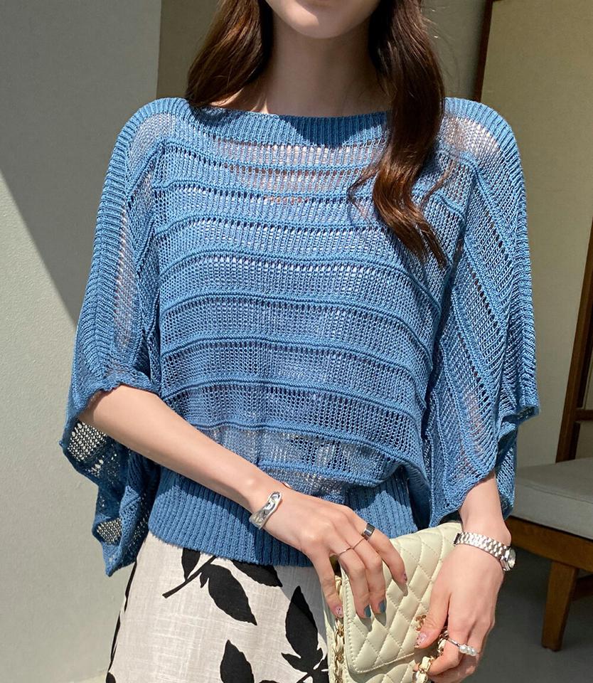 ボートネックメッシュニット・全4色・t71914 レディース 【tops】トップス ニット 半袖 ハーフスリーブ 透け感 シアー シースルー ボーダー柄 ボートネック ゆったり ラフ カジュアル メッシュ 大人 二の腕カバー 体型カバー 春 夏 韓国ファッション ハイホリHIHOLLI