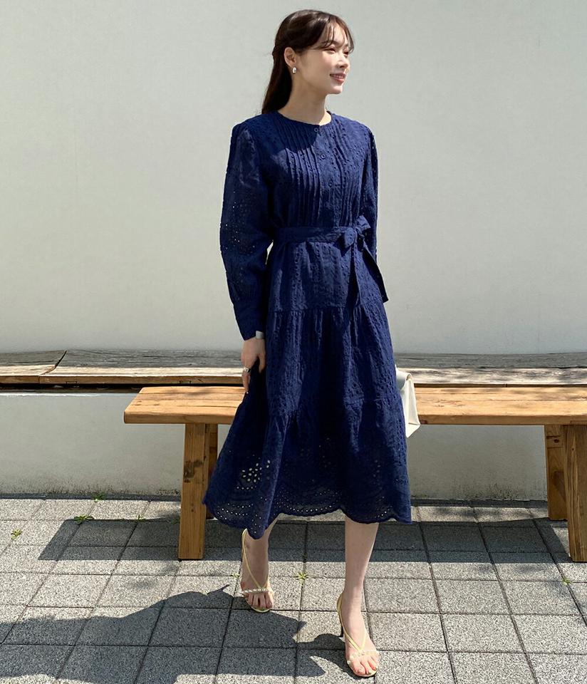 ストラップ付アイレットレースワンピース・全3色・b71926 レディース 【ops】ワンピース ミディ丈 ミディワンピース レース 総レース ティアード ガーリー ウエストマーク 長袖 スカラップ パフスリーブ 春 秋 韓国ファッション ハイホリHIHOLLI