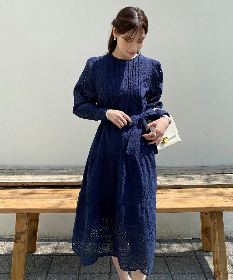 ストラップ付アイレットレースワンピース・全3色・b71926 レディース 【ops】ワンピース ミディ丈 ミディワンピース レース 総レース ティアード ガーリー ウエストマーク 長袖 スカラップ パフスリーブ 春 秋 韓国ファッション ハイホリHIHOLLI