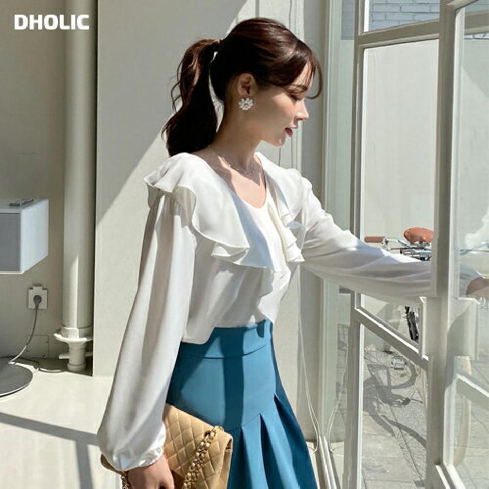 Vネックラッフルブラウス・全3色・b71920 レディース 【bl】トップス ブラウス 長袖 ラッフル フリル 襟コン デコルテ 鎖骨 ギャザー パフ袖 パフスリーブ フェミニン かわいい 可愛い オフィスカジュアル 春 秋 韓国ファッション ハイホリHIHOLLI