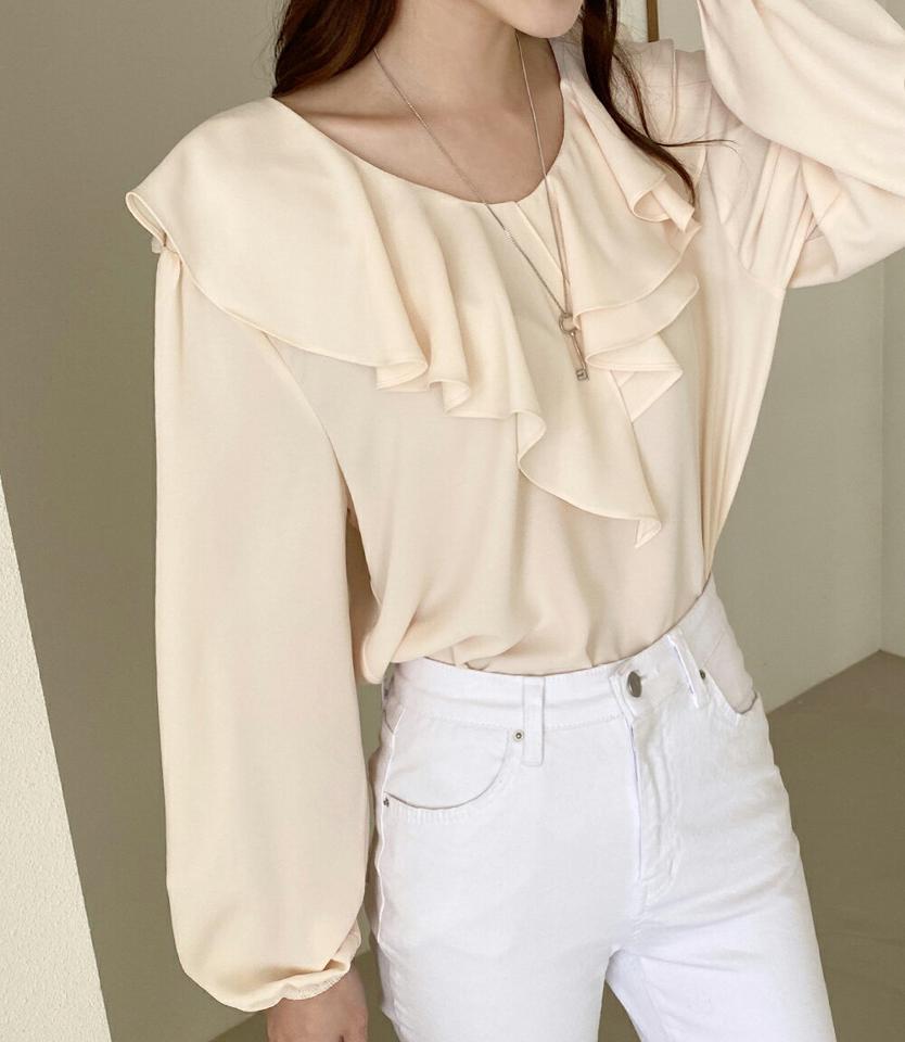 Vネックラッフルブラウス・全3色・b71920 レディース 【bl】トップス ブラウス 長袖 ラッフル フリル 襟コン デコルテ 鎖骨 ギャザー パフ袖 パフスリーブ フェミニン かわいい 可愛い オフィスカジュアル 春 秋 韓国ファッション ハイホリHIHOLLI