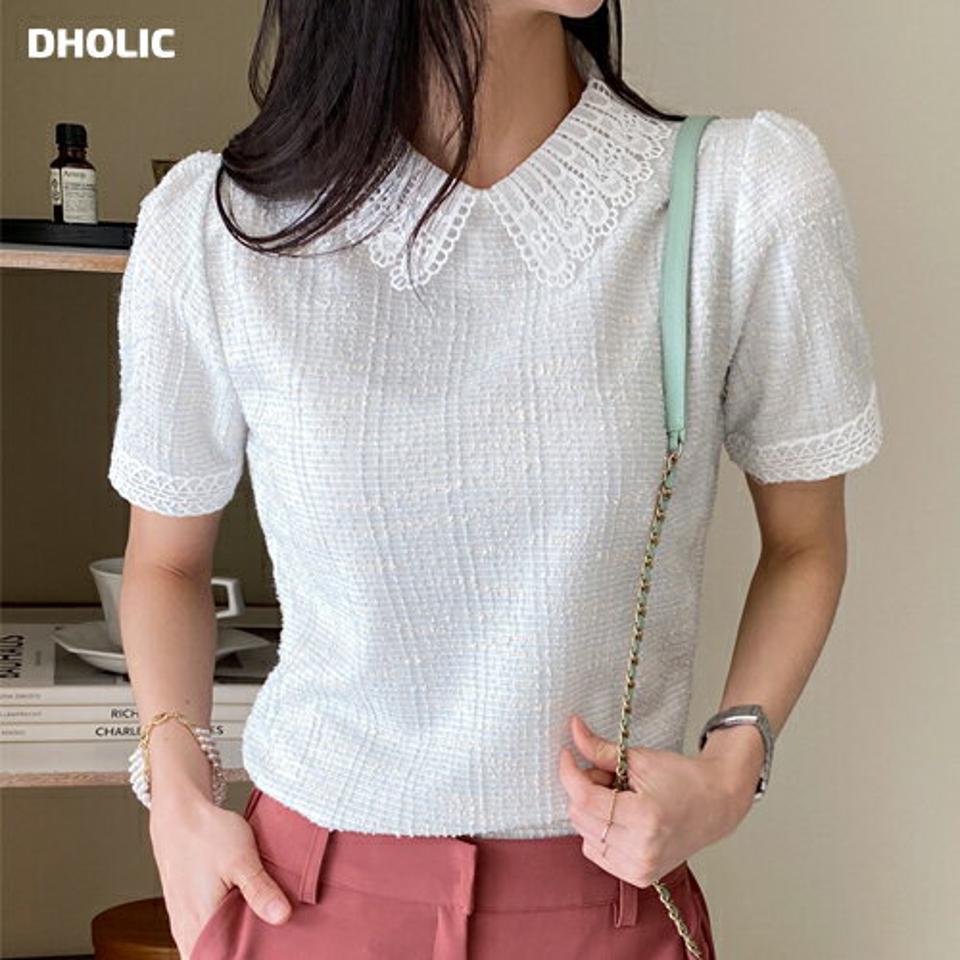 レースカラーネックツイードブラウス・全3色・t71917 レディース 【bl】トップス ブラウス 半袖 レース 襟コン ツイード 大人 高級感 上品 パフスリーブ パフ袖 かわいい スカラップレース フェミニン 春　夏 韓国ファッション ハイホリHIHOLLI