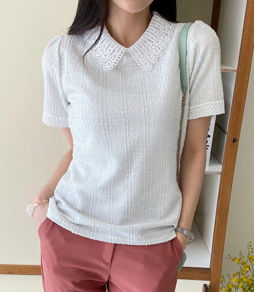 レースカラーネックツイードブラウス・全3色・t71917 レディース 【bl】トップス ブラウス 半袖 レース 襟コン ツイード 大人 高級感 上品 パフスリーブ パフ袖 かわいい スカラップレース フェミニン 春　夏 韓国ファッション ハイホリHIHOLLI