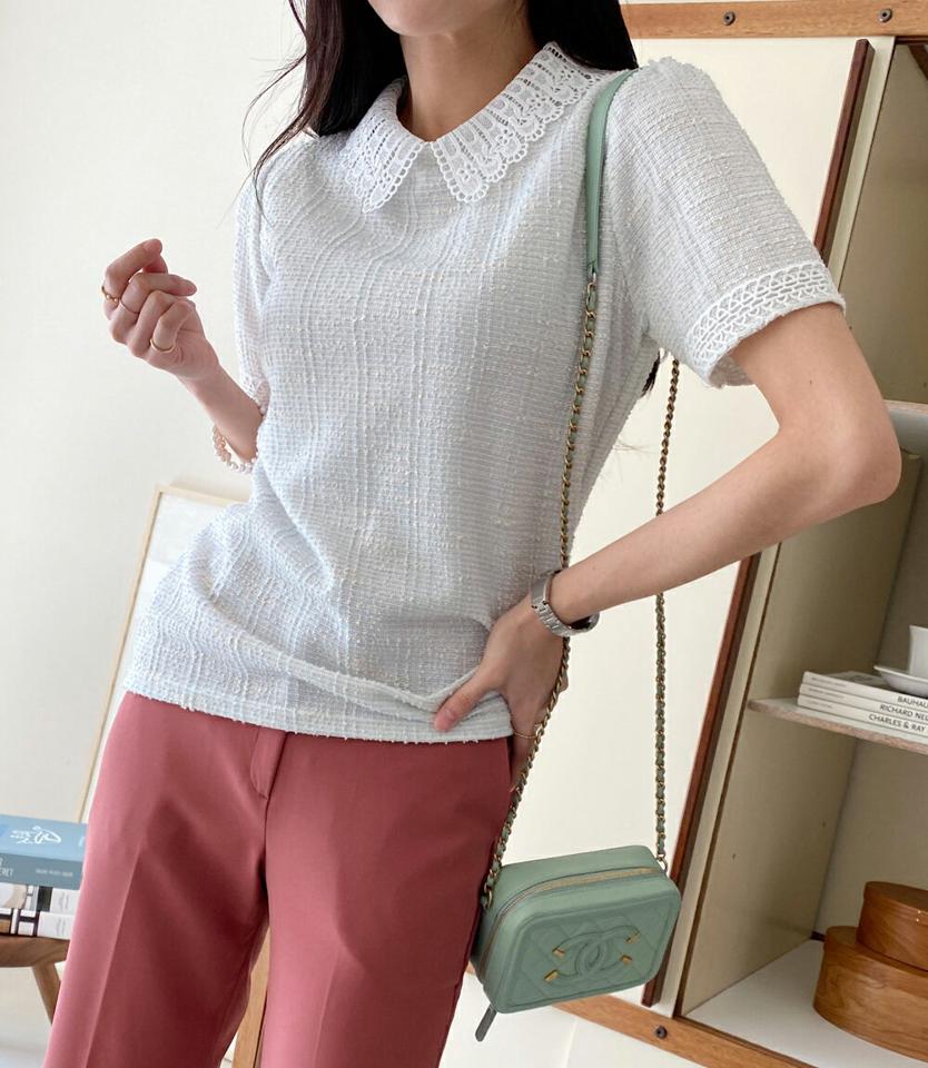 レースカラーネックツイードブラウス・全3色・t71917 レディース 【bl】トップス ブラウス 半袖 レース 襟コン ツイード 大人 高級感 上品 パフスリーブ パフ袖 かわいい スカラップレース フェミニン 春　夏 韓国ファッション ハイホリHIHOLLI