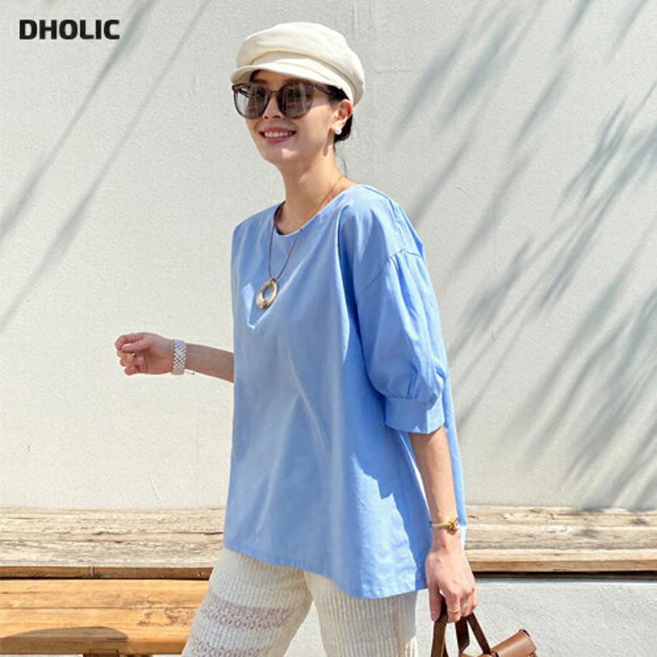 コットンパフスリーブブラウス・全4色・b71918 レディース 【bl】トップス ブラウス 七分袖 七分丈 7分袖 7分丈 パフ袖 パフスリーブ 単色 無地 シンプル 大人 ラウンドネック ドロップショルダー 水色 春 秋 韓国ファッション ハイホリHIHOLLI