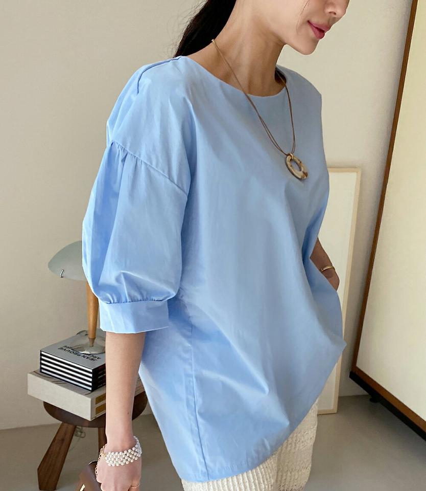 コットンパフスリーブブラウス・全4色・b71918 レディース 【bl】トップス ブラウス 七分袖 七分丈 7分袖 7分丈 パフ袖 パフスリーブ 単色 無地 シンプル 大人 ラウンドネック ドロップショルダー 水色 春 秋 韓国ファッション ハイホリHIHOLLI