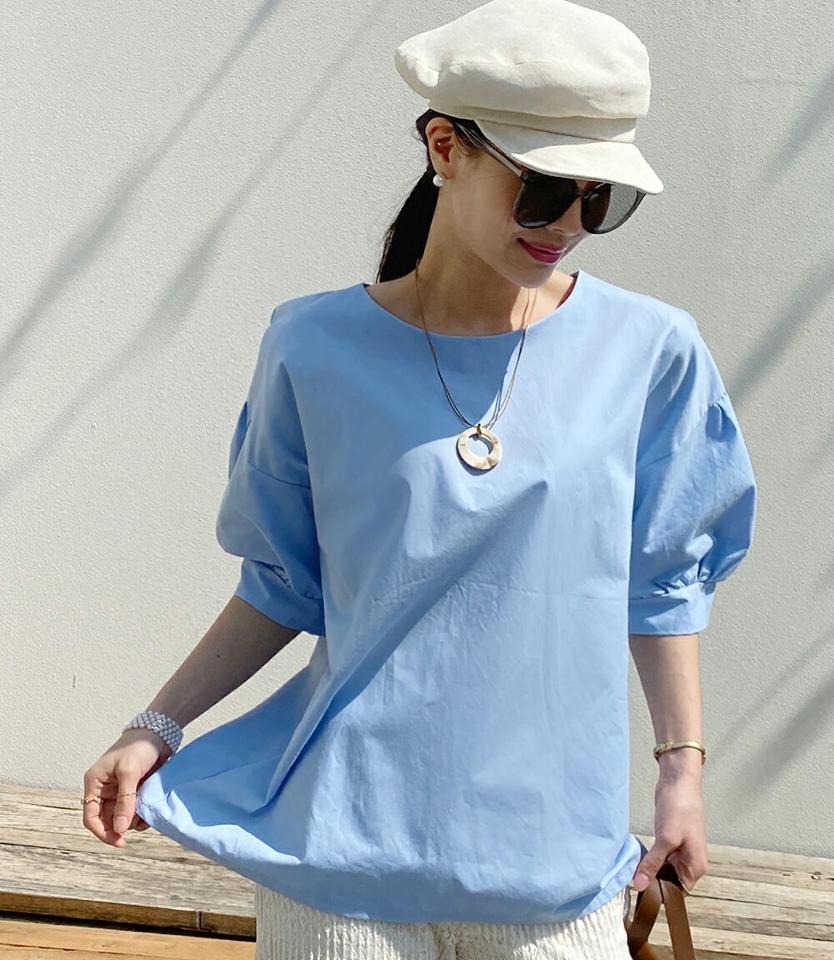 コットンパフスリーブブラウス・全4色・b71918 レディース 【bl】トップス ブラウス 七分袖 七分丈 7分袖 7分丈 パフ袖 パフスリーブ 単色 無地 シンプル 大人 ラウンドネック ドロップショルダー 水色 春 秋 韓国ファッション ハイホリHIHOLLI
