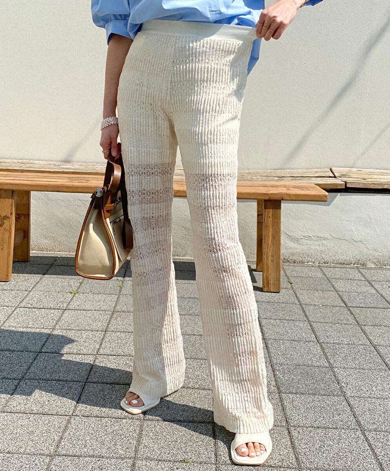 レースニットフレアパンツ・全3色・t71984 レディース 【pt】パンツ ズボン ロングパンツ フレア ニット レース 総レース フェミニン ボーダー柄 カジュアル ウエストゴム かわいい 可愛い ハイウエスト 春 夏 秋 韓国ファッション ハイホリHIHOLLI