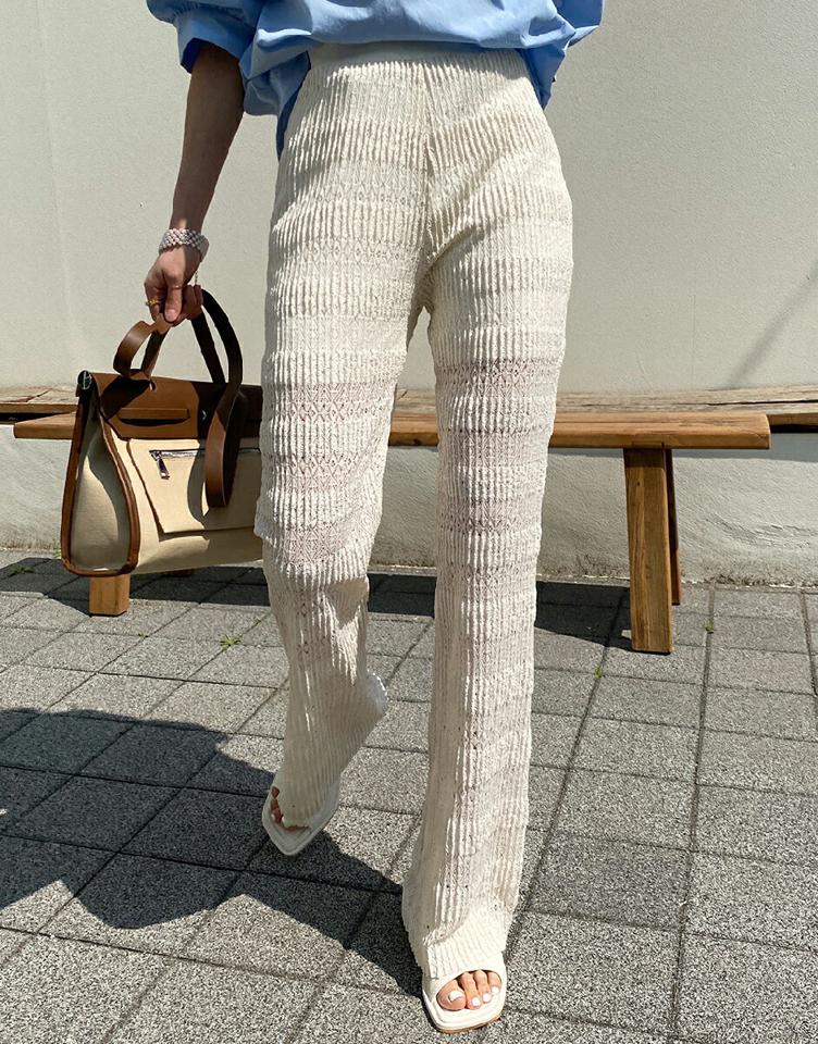レースニットフレアパンツ・全3色・t71984 レディース 【pt】パンツ ズボン ロングパンツ フレア ニット レース 総レース フェミニン ボーダー柄 カジュアル ウエストゴム かわいい 可愛い ハイウエスト 春 夏 秋 韓国ファッション ハイホリHIHOLLI