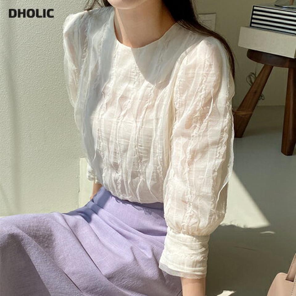 ウェーブフリルシアーブラウス・全2色・b71919 レディース 【bl】トップス ブラウス 七分袖 七分丈 7分丈 シアー シースルー フリル パフスリーブ パフ袖 かわいい フェミニン 大人 上品 ランドネック 春 秋 韓国ファッション ハイホリHIHOLLI