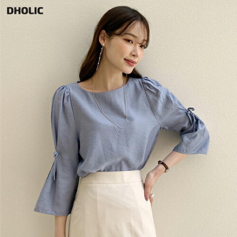 リボン7分袖ブラウス・全3色・b71673 レディース 【bl】トップス ブラウス 七分袖 七分丈 7分袖 7分丈 りぼん 単色 無地 シンプル 袖コン かわいい 大人 ギャザー シルキー 光沢 水色 春 秋 韓国ファッション ハイホリHIHOLLI